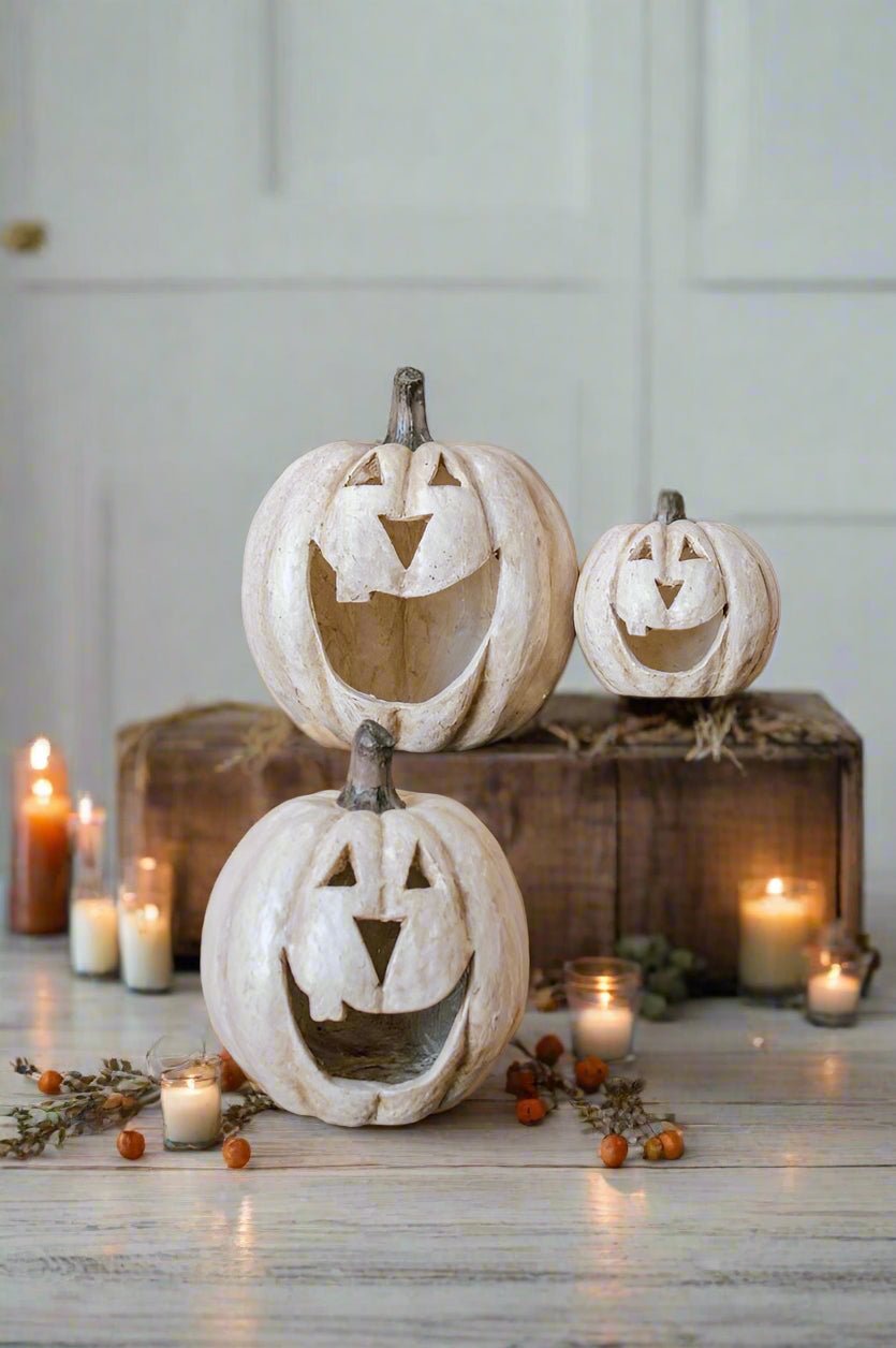 Ragon House Halloween Fall Collectable 11” White Big Mouth Pumpkin Luminary - The Primitive Pineapple Collection