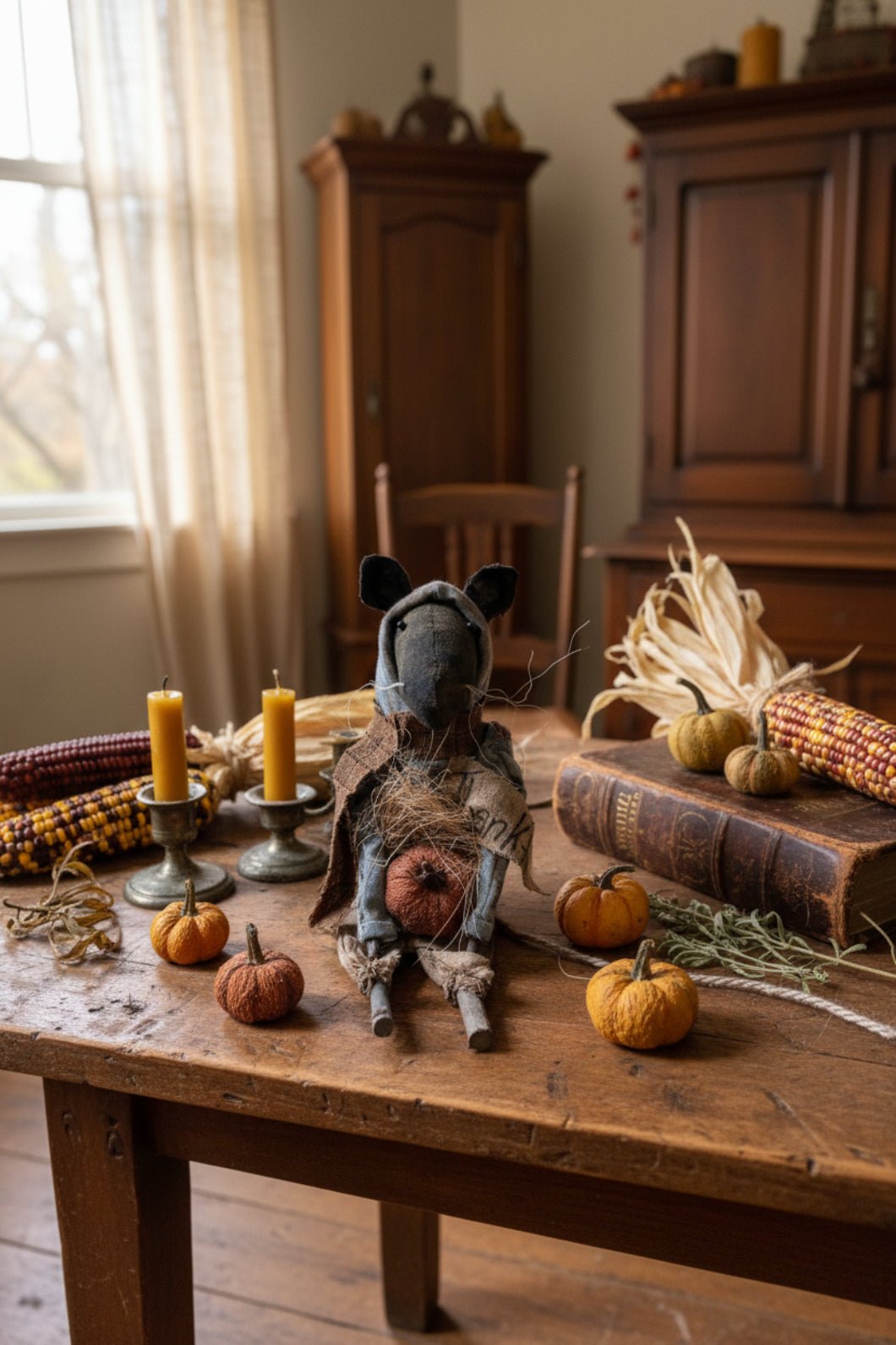 Primitive Handcrafted Fall Remmi The Thankful Rat w/ Pumpkin 11" | Folk Art - The Primitive Pineapple Collection