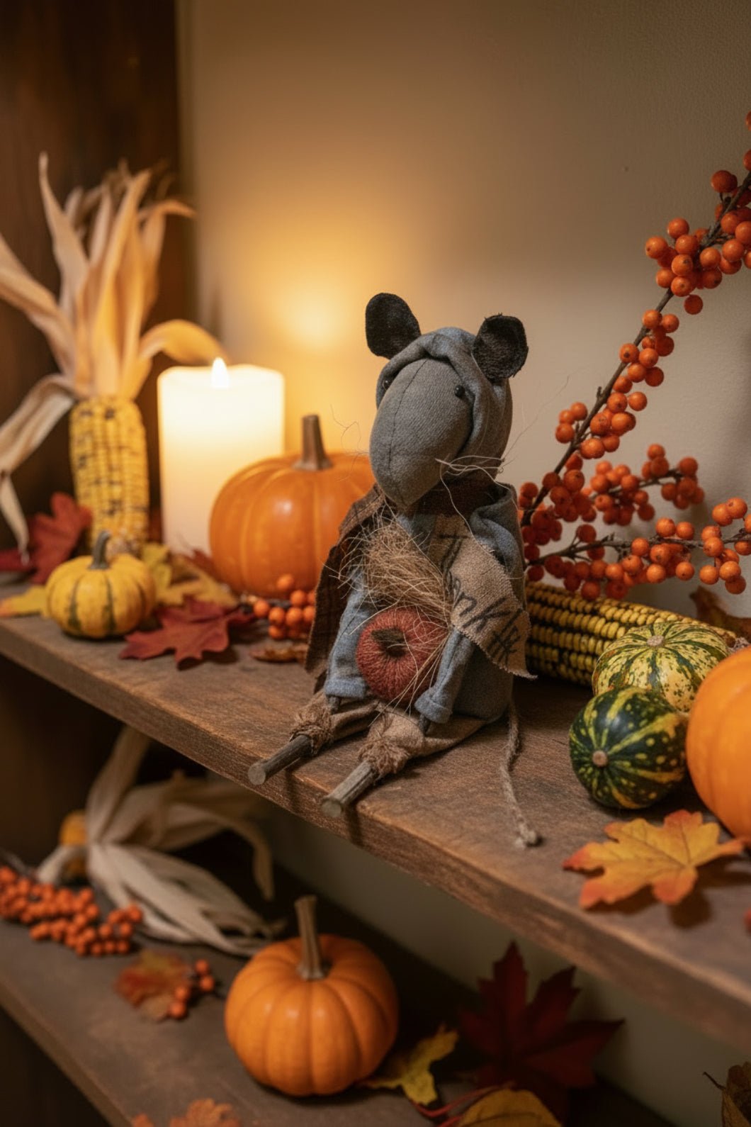 Primitive Handcrafted Fall Remmi The Thankful Rat w/ Pumpkin 11" | Folk Art - The Primitive Pineapple Collection