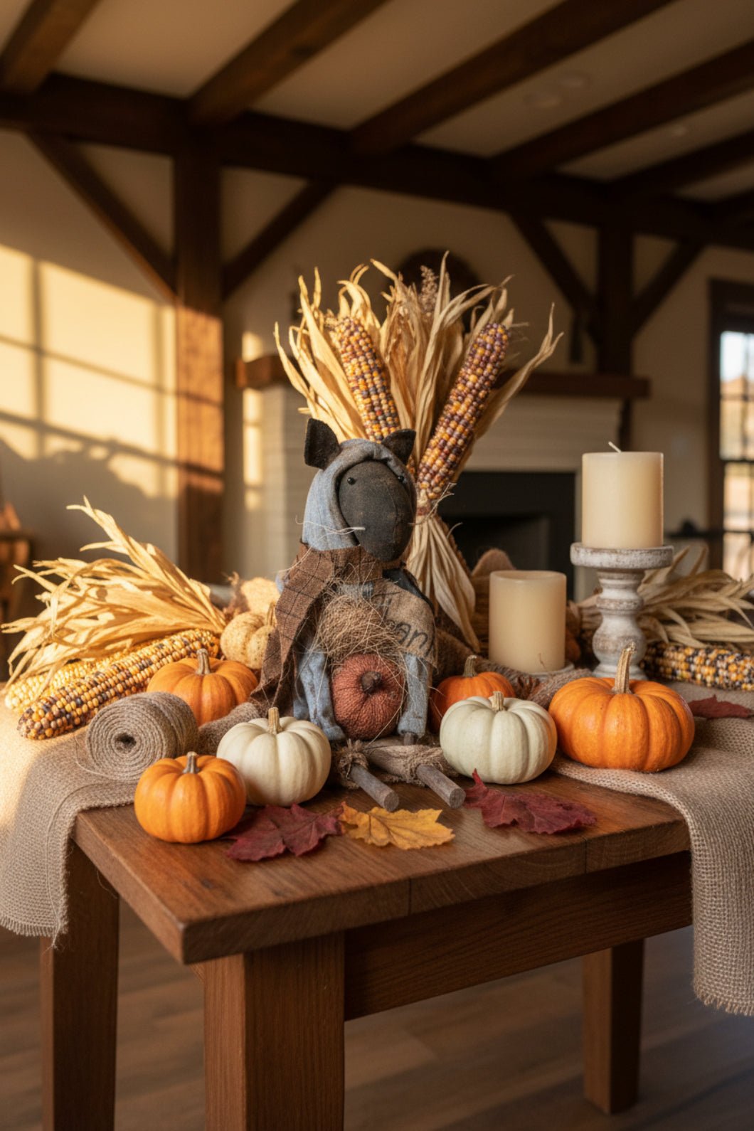 Primitive Handcrafted Fall Remmi The Thankful Rat w/ Pumpkin 11" | Folk Art - The Primitive Pineapple Collection