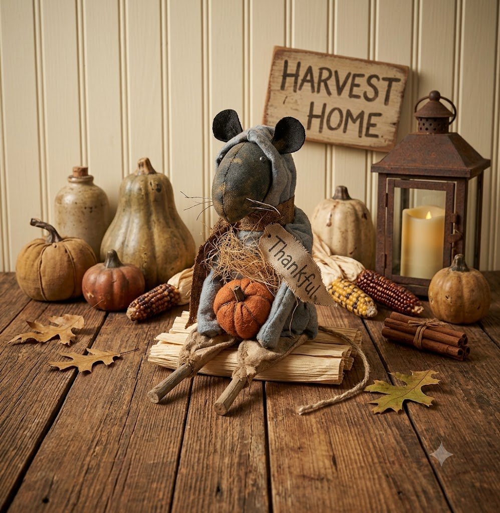 Primitive Handcrafted Fall Remmi The Thankful Rat w/ Pumpkin 11" | Folk Art - The Primitive Pineapple Collection