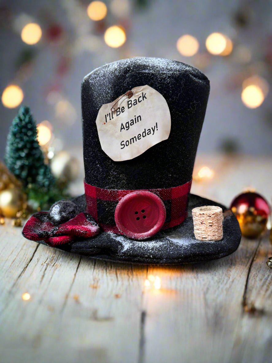 Handcrafted Christmas Red Check Frosty The Snowman Top Hat w/ Pipe and Mittens - The Primitive Pineapple Collection
