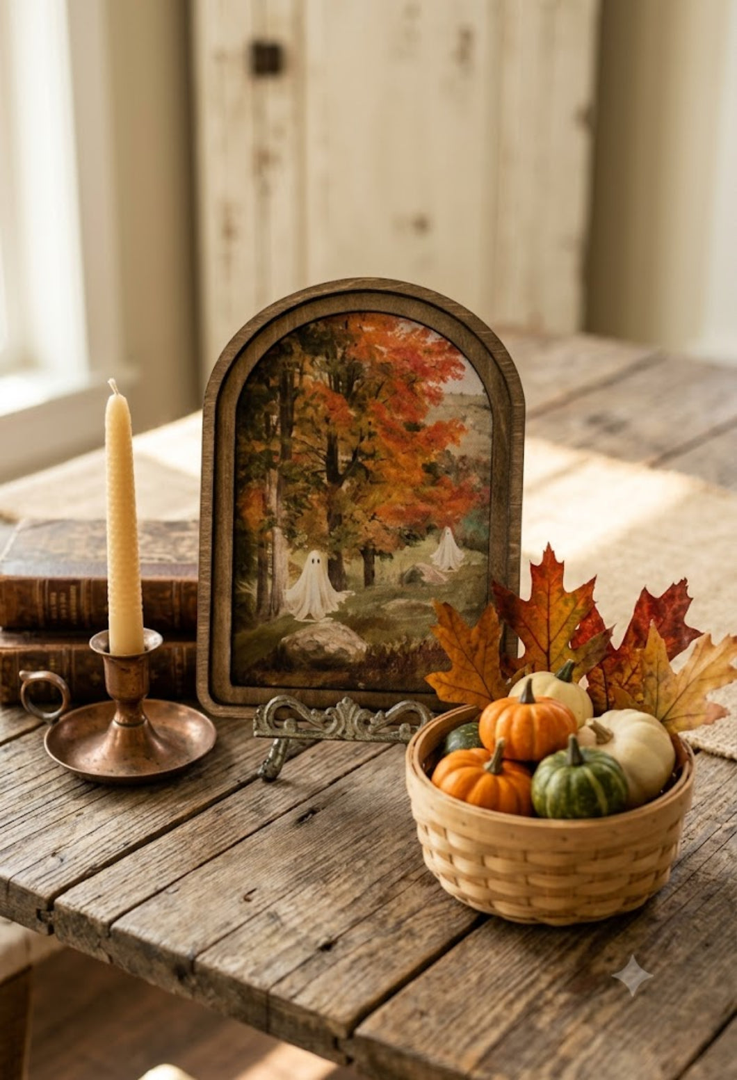 Handcrafted Retro 8" Arch Top Halloween Ghosts in Fall Trees Framed Art