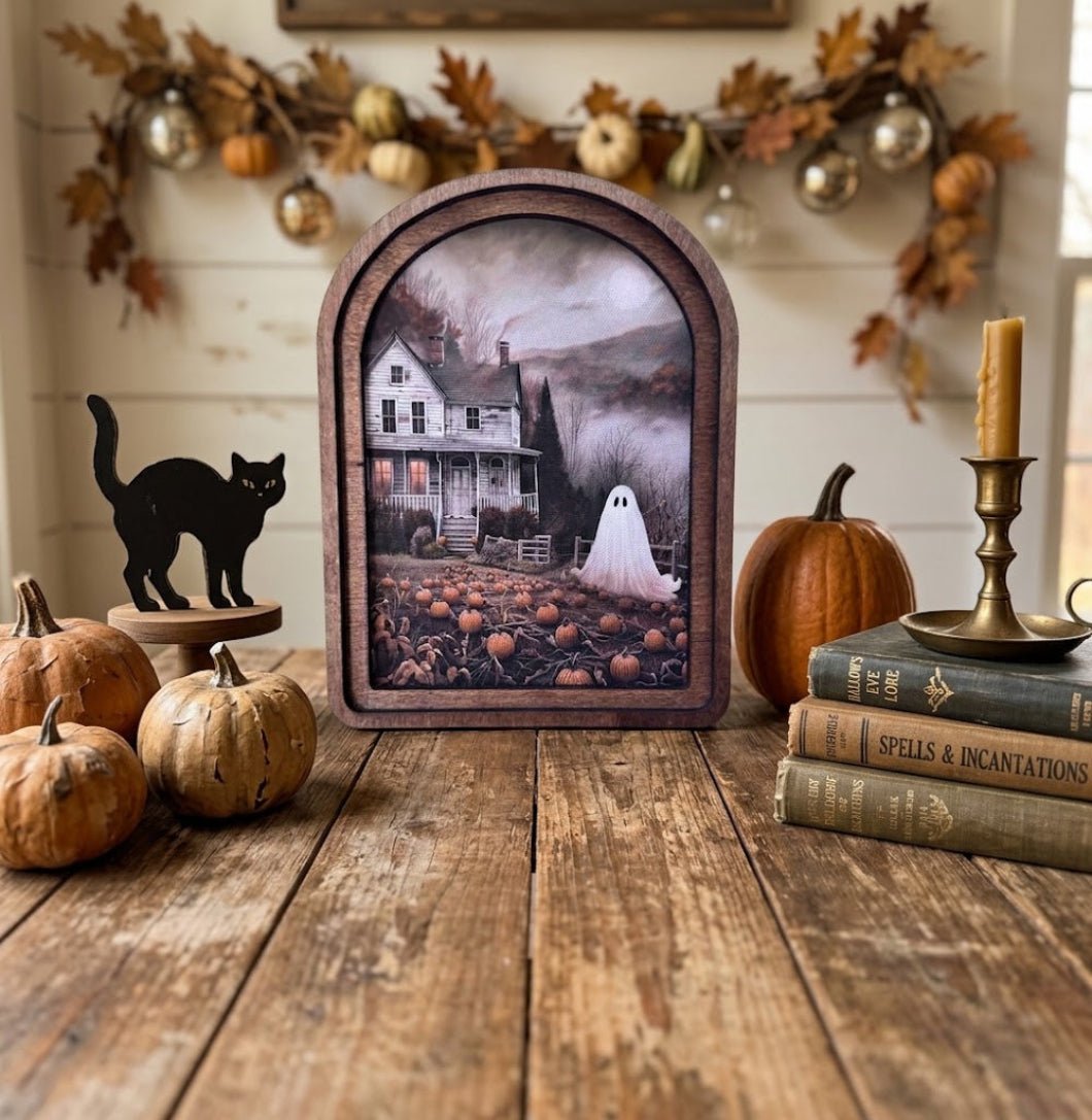 Handcrafted Retro 8" Halloween Arch Top Moody Ghost House Framed Art - The Primitive Pineapple Collection
