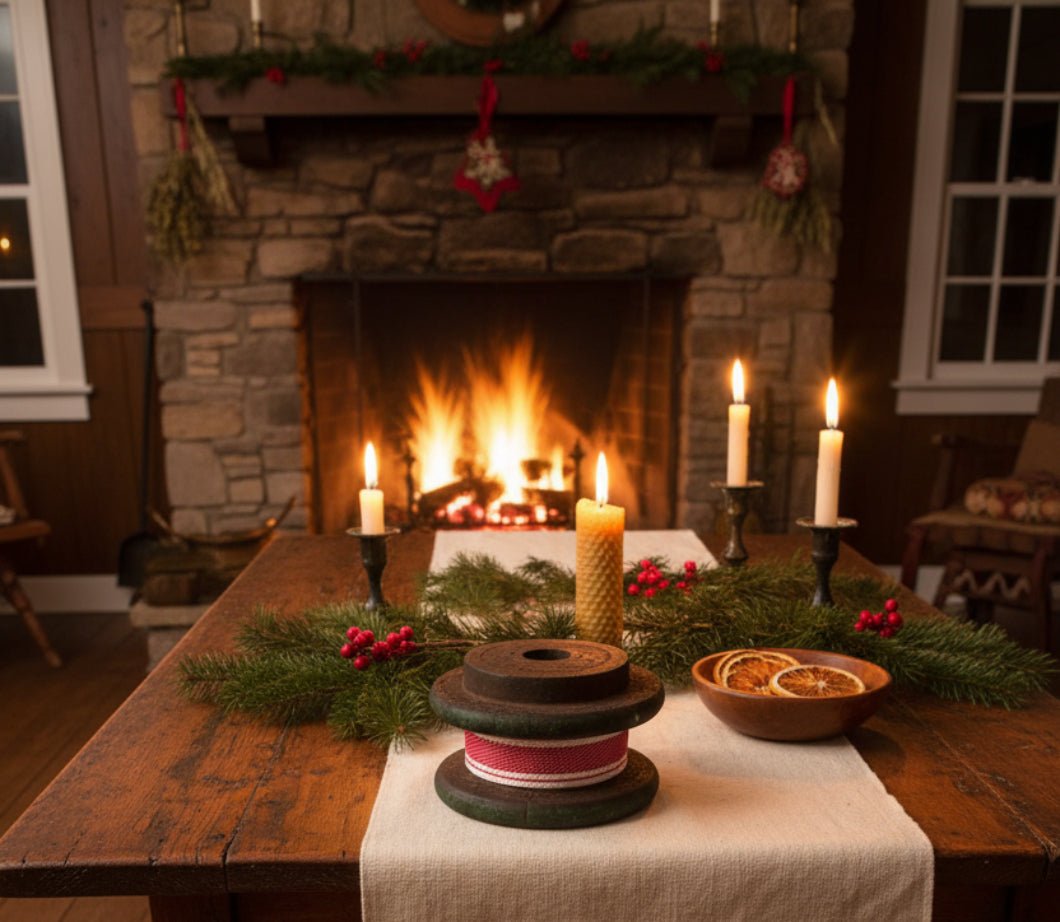 Primitive Christmas Wood Spool w/ Christmas Ribbon - The Primitive Pineapple Collection