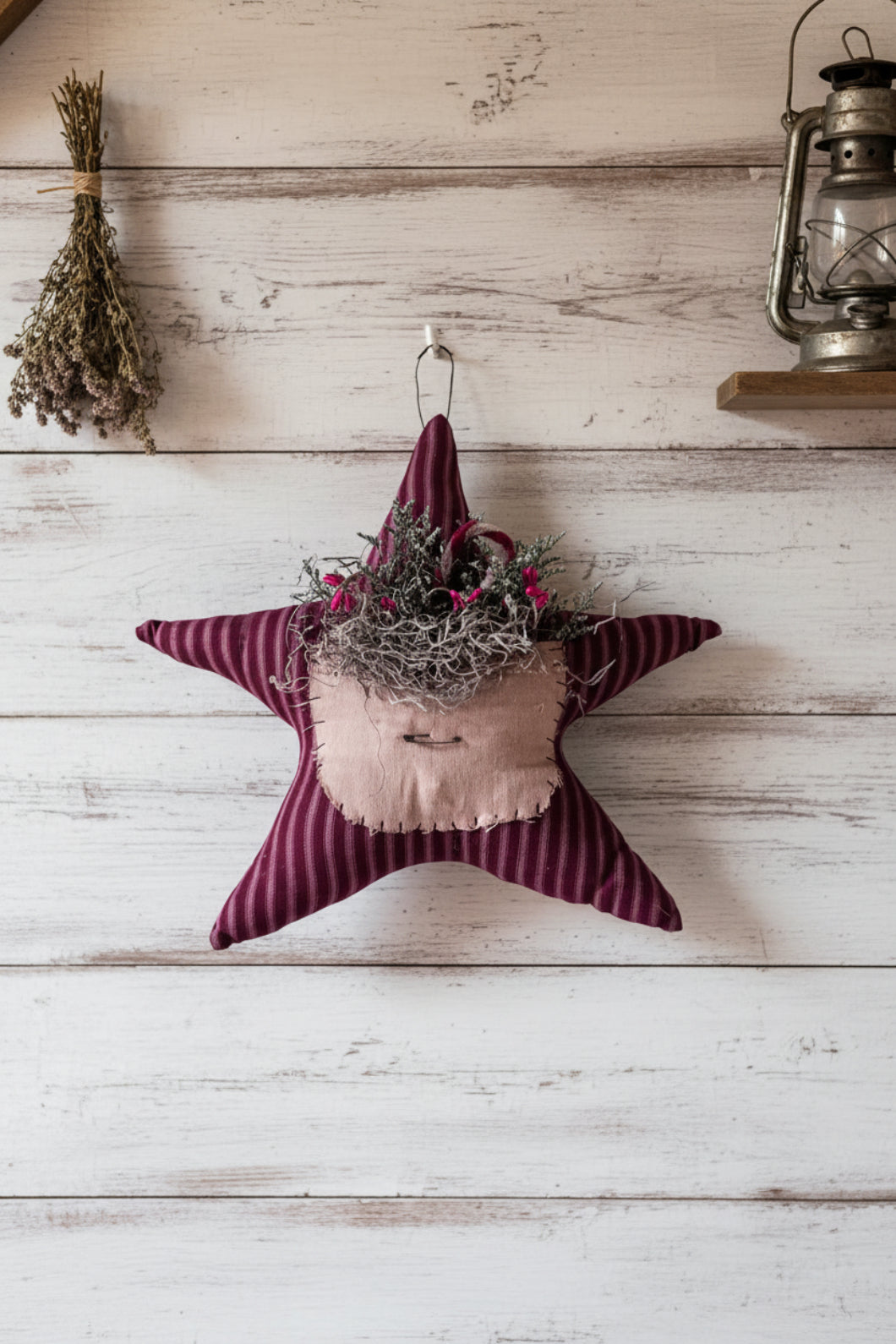 Primitive Christmas Red Ticking Star with Candy Cane 11"