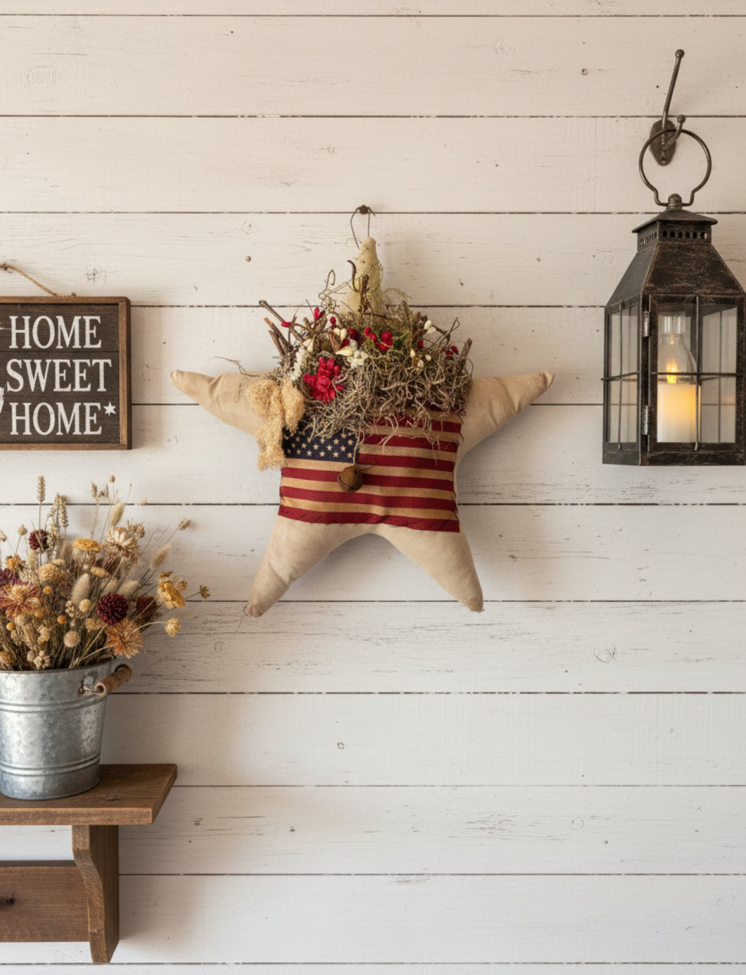 Handcrafted Americana White Flag Star w/ Sweet Annie