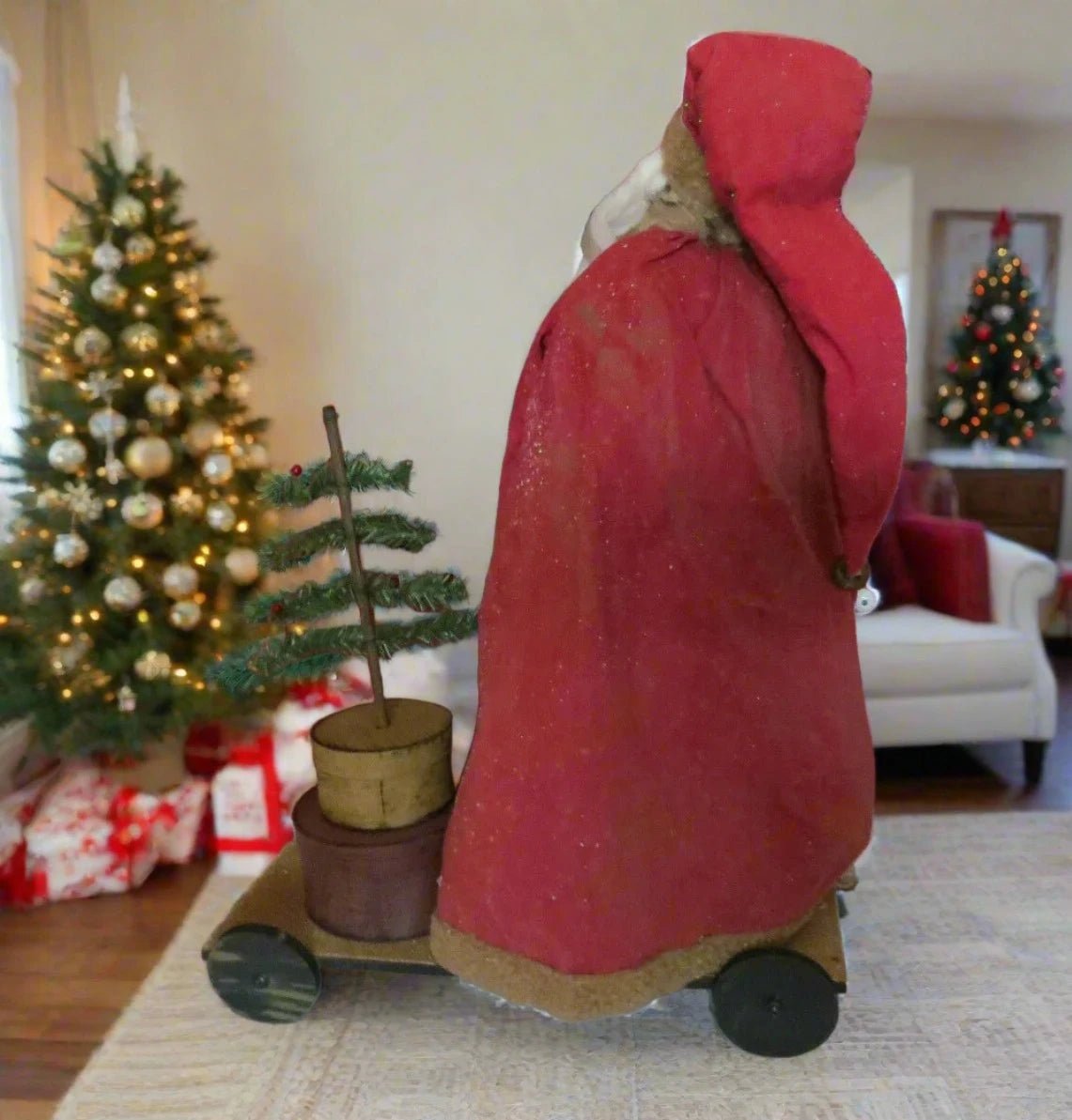 Primitive Christmas Blessings Santa w/ Feather Tree and Nesting Boxes on Cart 26" - The Primitive Pineapple Collection