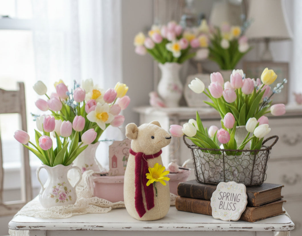 Primitive Handcrafted Spring Easter Mouse with Flower 6.5" - The Primitive Pineapple Collection