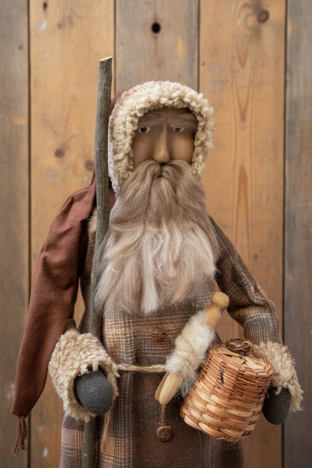 Primitive Christmas One of a Kind Hand Sculpted Clay Face Santa w/ Basket 20 "