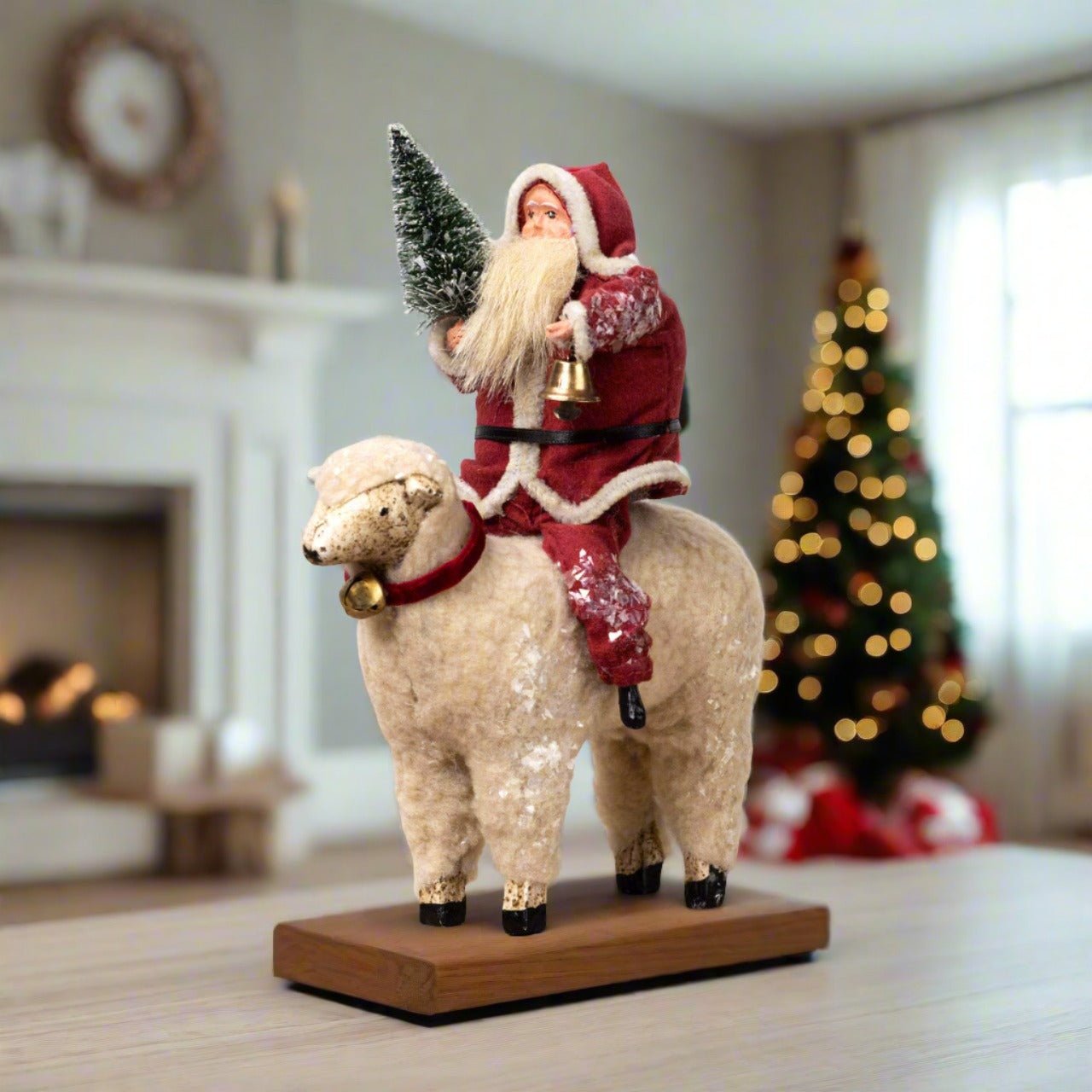 Ragon House Christmas 8" Santa w/ Sheep and Bottle Brush Tree Figurine - The Primitive Pineapple Collection