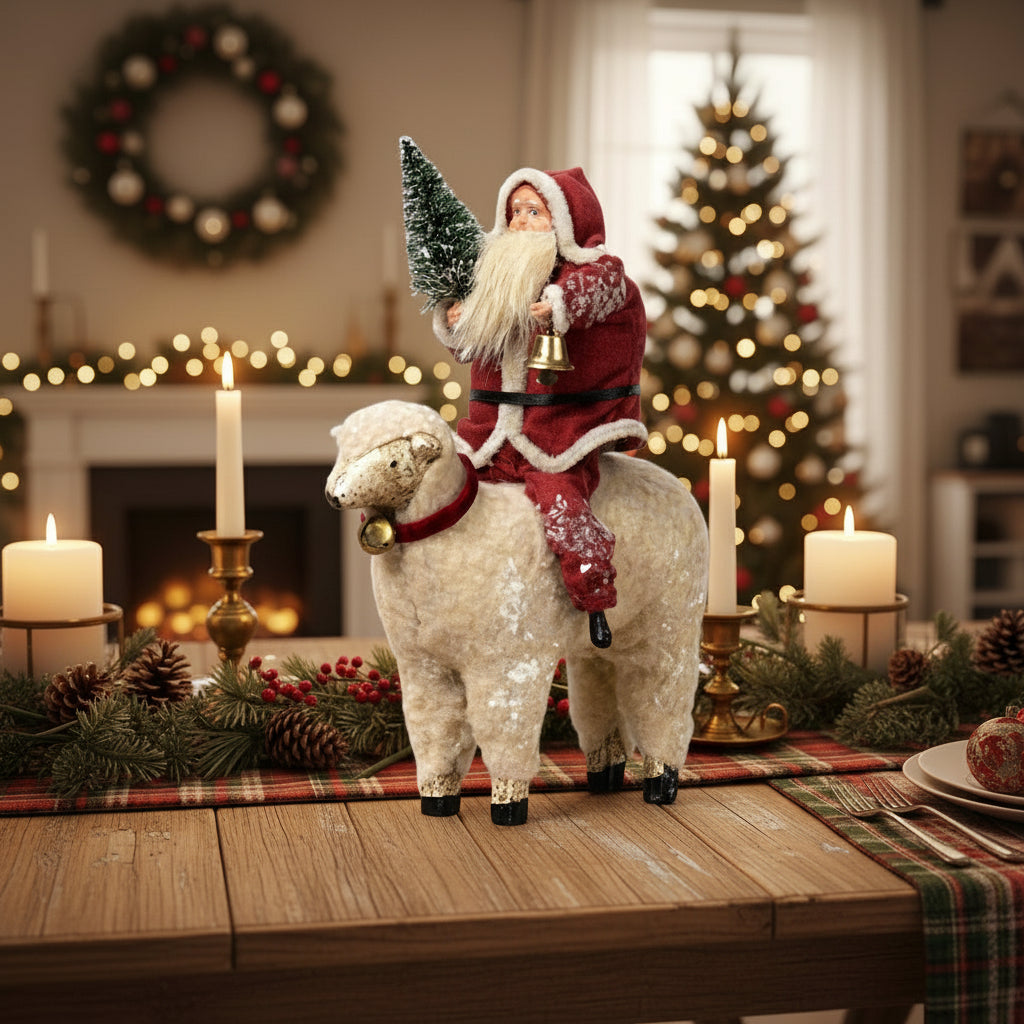 Ragon House Christmas 8" Santa w/ Sheep and Bottle Brush Tree Figurine - The Primitive Pineapple Collection