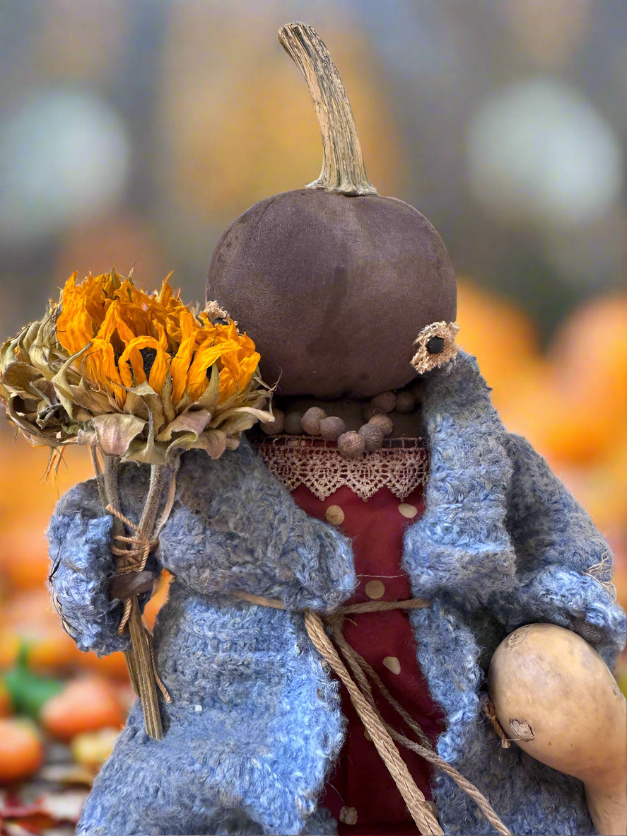 Primitive Handcrafted Pumpkin Doll Sarah w/ Gourd 12"