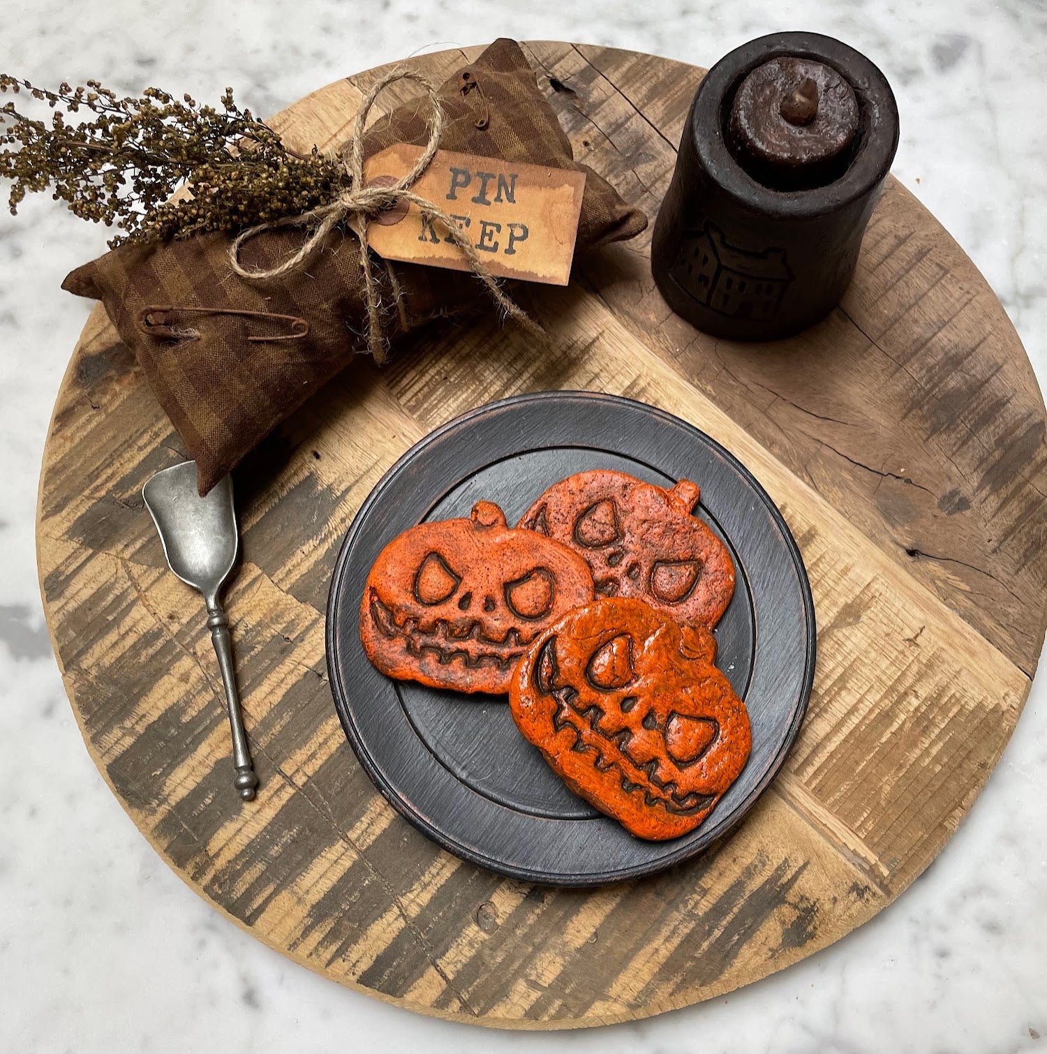 Primitive Halloween 3” Handmade Scary Jack O Lantern Cookie Bowl Fillers - The Primitive Pineapple Collection