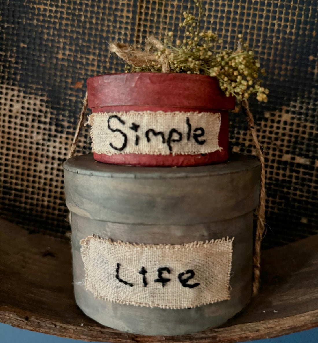 Primitive Handcrafted &quot;Simple Life&quot; Stacked Colonial Boxes 5&quot;H Sweet Annie