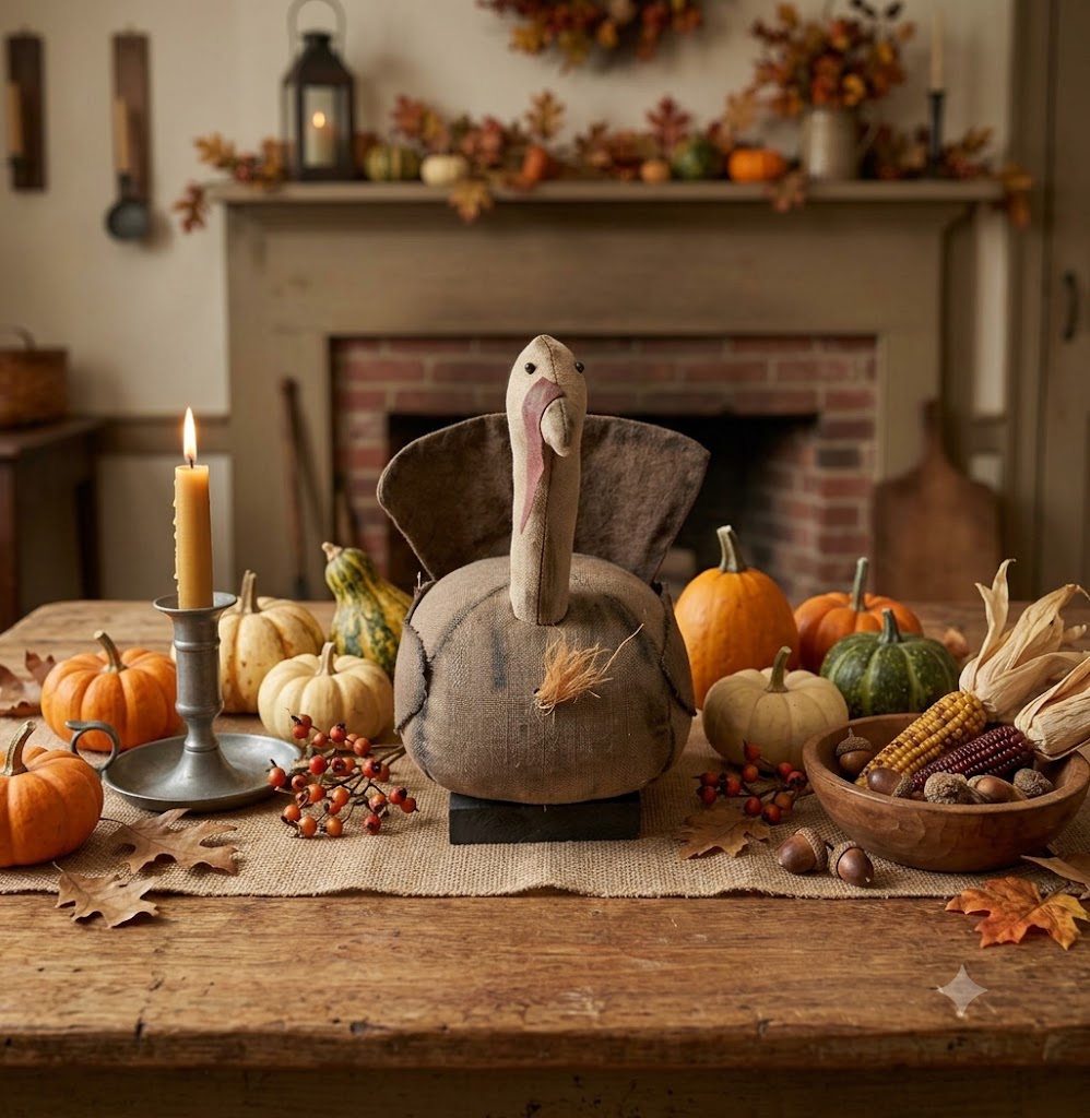 Primitive Handcrafted Thanksgiving Sitting Turkey 10" | Folk Art