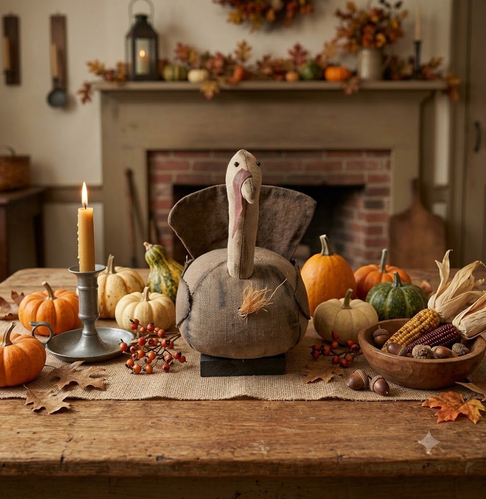 Primitive Handcrafted Thanksgiving Sitting Turkey 10" | Folk Art - The Primitive Pineapple Collection