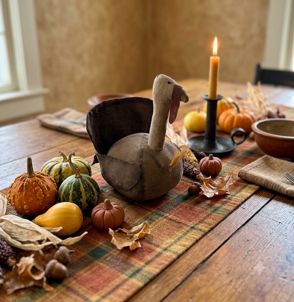 Primitive Handcrafted Thanksgiving Sitting Turkey 10" | Folk Art - The Primitive Pineapple Collection
