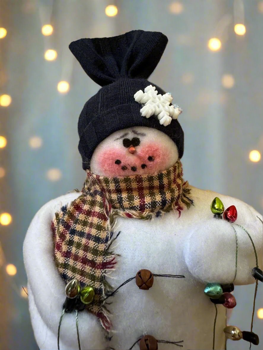 Primitive White Handmade Blue Deck the Halls 8.75" Snowman w/ Christmas Lights - The Primitive Pineapple Collection