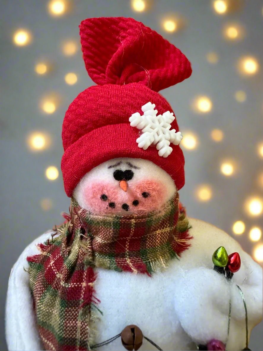 Primitive/Country Handmade Red Deck the Halls 8.75" Snowman w/ Christmas Lights - The Primitive Pineapple Collection