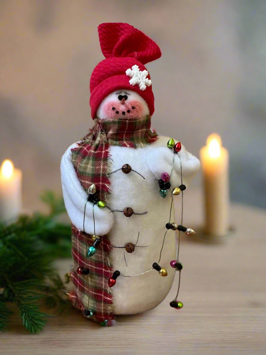 Primitive/Country Handmade Red Deck the Halls 8.75" Snowman w/ Christmas Lights - The Primitive Pineapple Collection