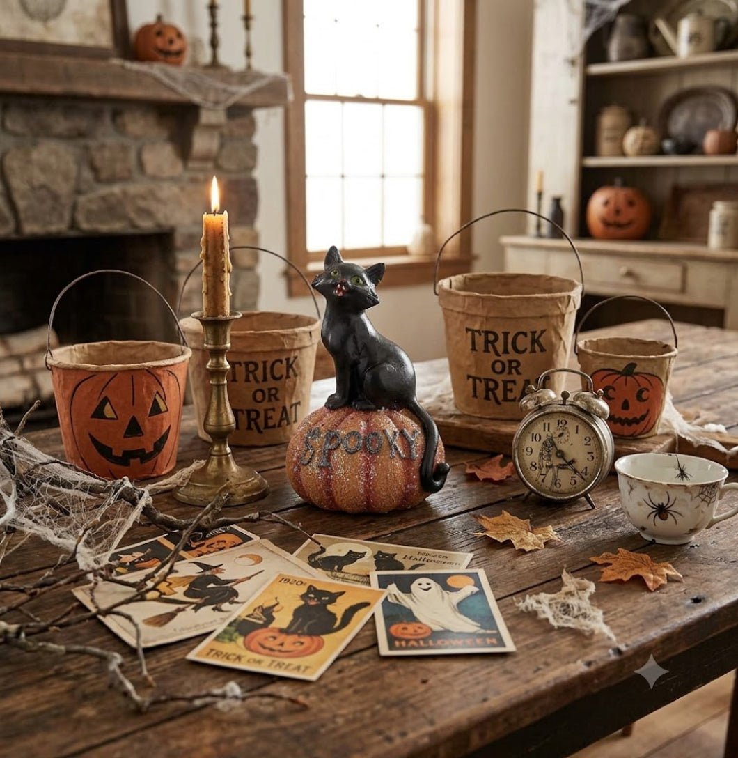 Halloween Black Cat on Glittered Pumpkin Figurine 6.5" – Primitive Folk Art Fall Decor 3 Styles - The Primitive Pineapple Collection