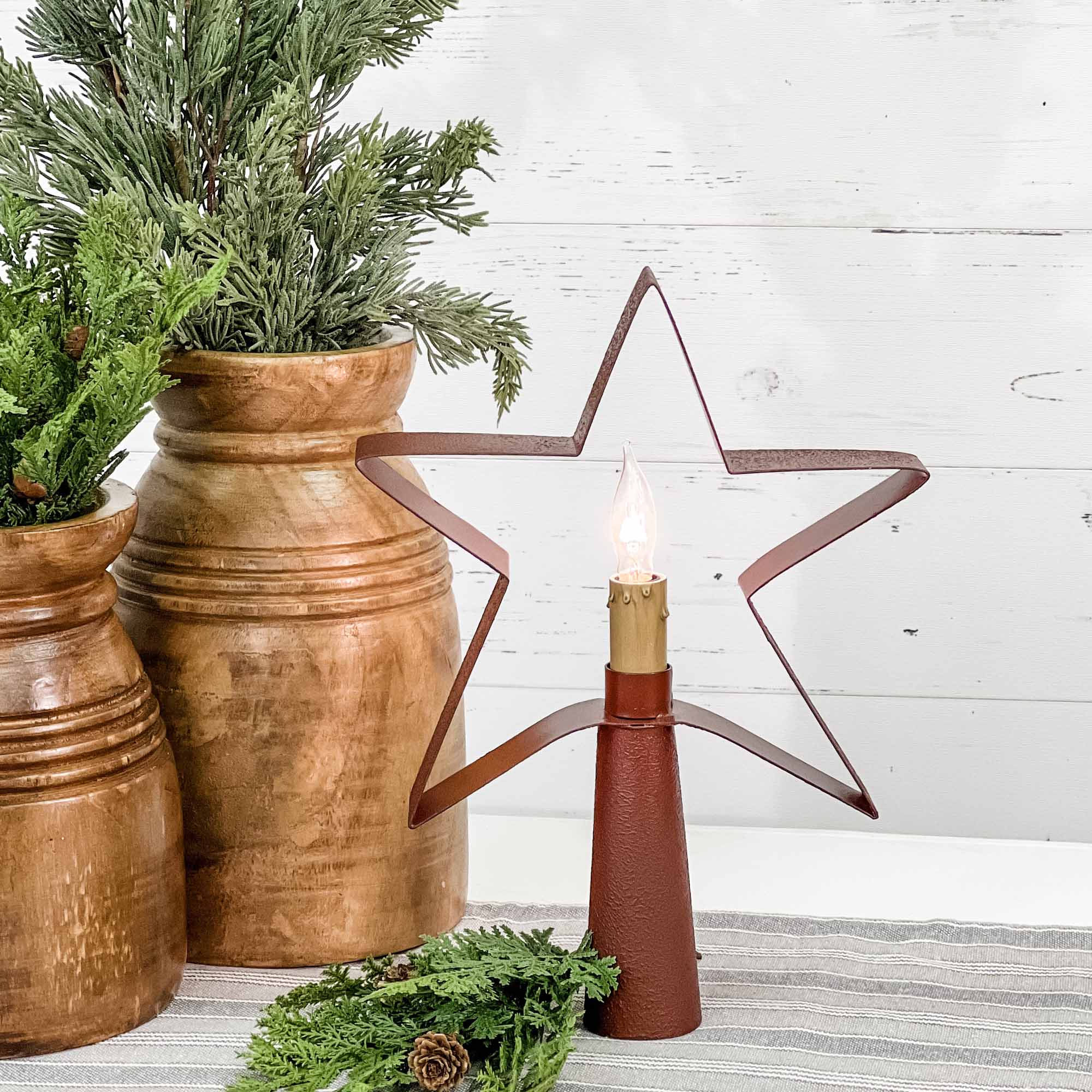 Primitive Country Christmas 12" Rustic Red Tree Light Topper /Shelf Sitter - The Primitive Pineapple Collection