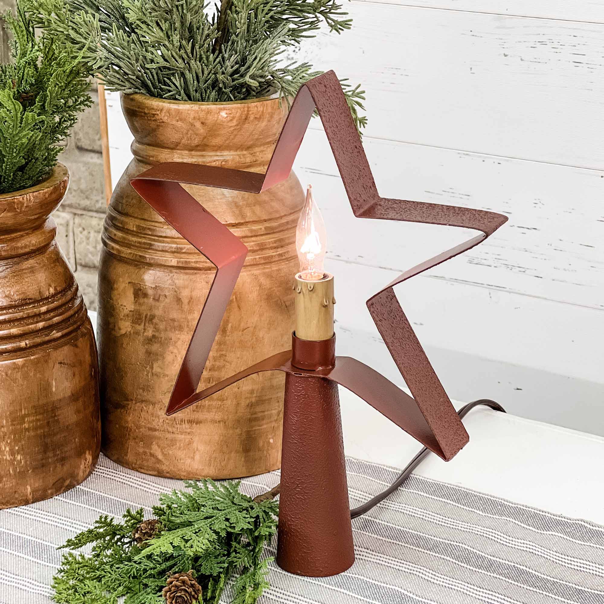 Primitive Country Christmas 12" Rustic Red Tree Light Topper /Shelf Sitter - The Primitive Pineapple Collection