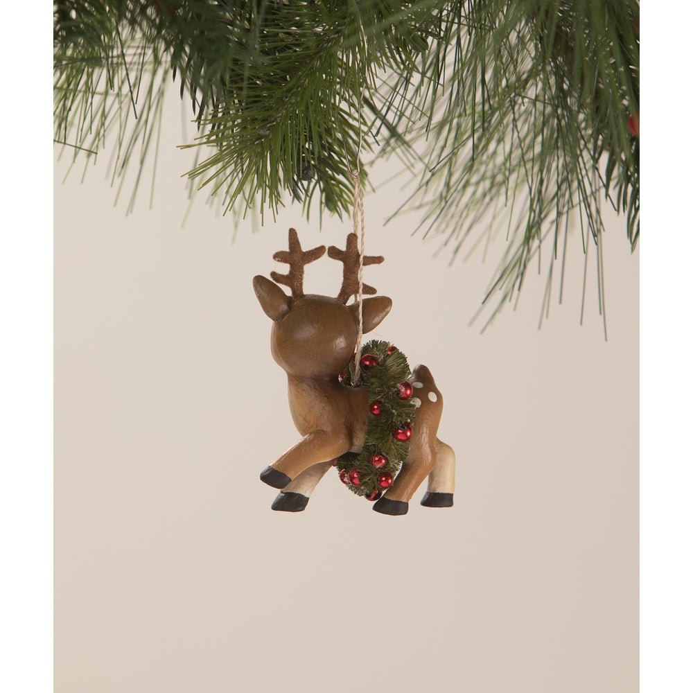 Bethany Lowe Christmas Retro Little Brown Deer w/ Wreath Ornament TD1185 - The Primitive Pineapple Collection