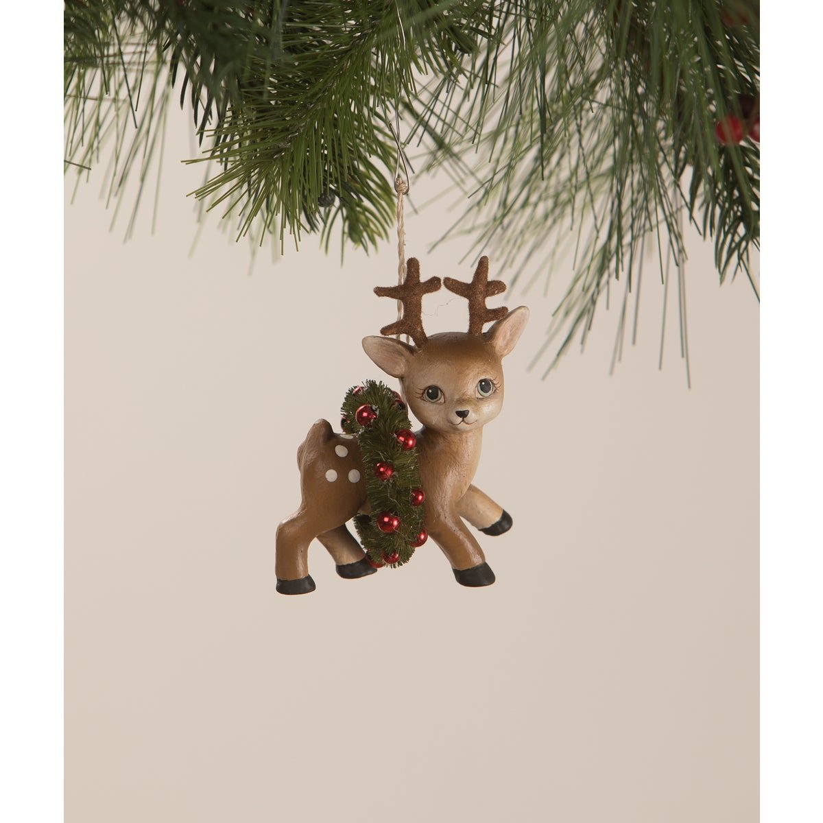 Bethany Lowe Christmas Retro Little Brown Deer w/ Wreath Ornament TD1185 - The Primitive Pineapple Collection