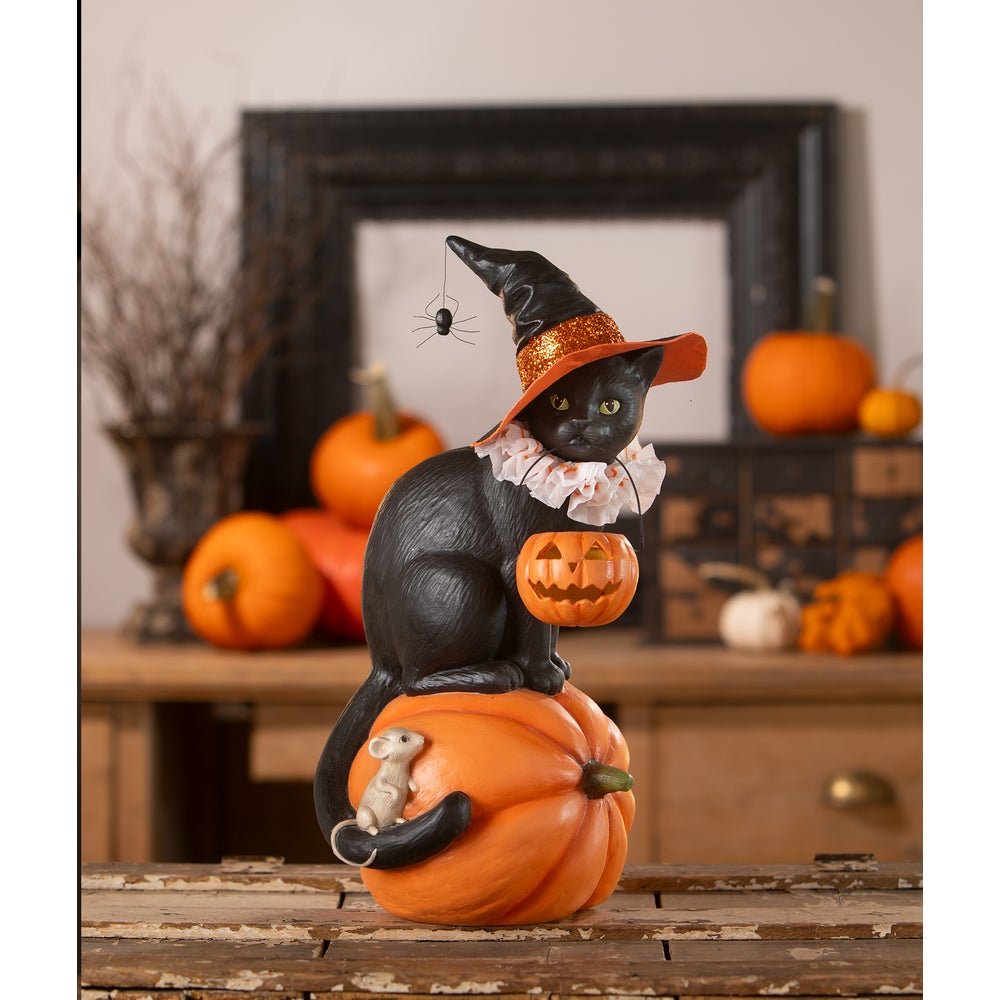 Bethany Lowe Halloween Cat Witch on Pumpkin TD4155 - The Primitive Pineapple Collection