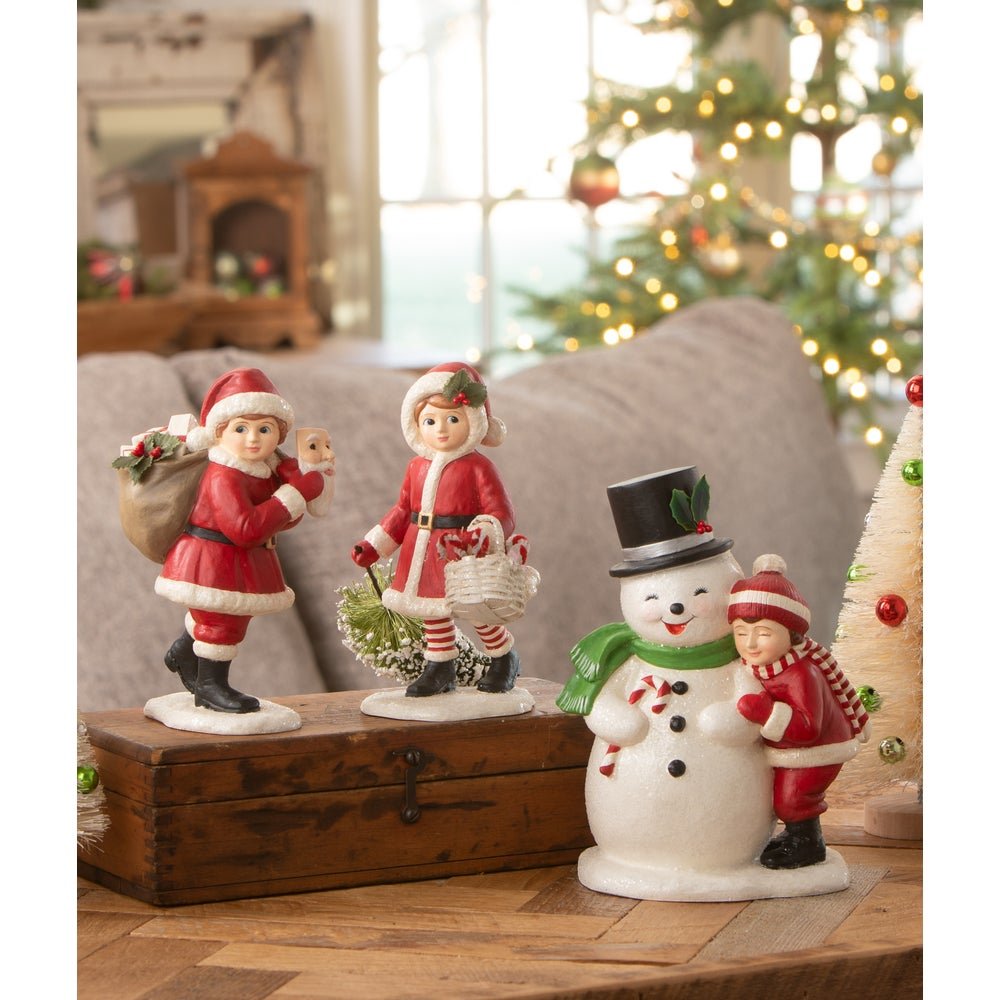 Bethany Lowe Christmas Child Hugging Snowman TD4173 - The Primitive Pineapple Collection