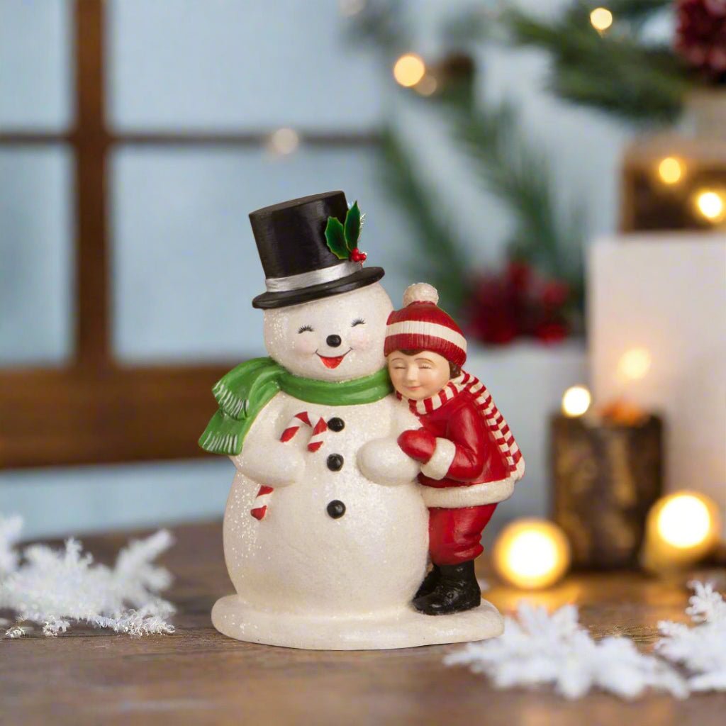 Bethany Lowe Christmas Child Hugging Snowman TD4173 - The Primitive Pineapple Collection