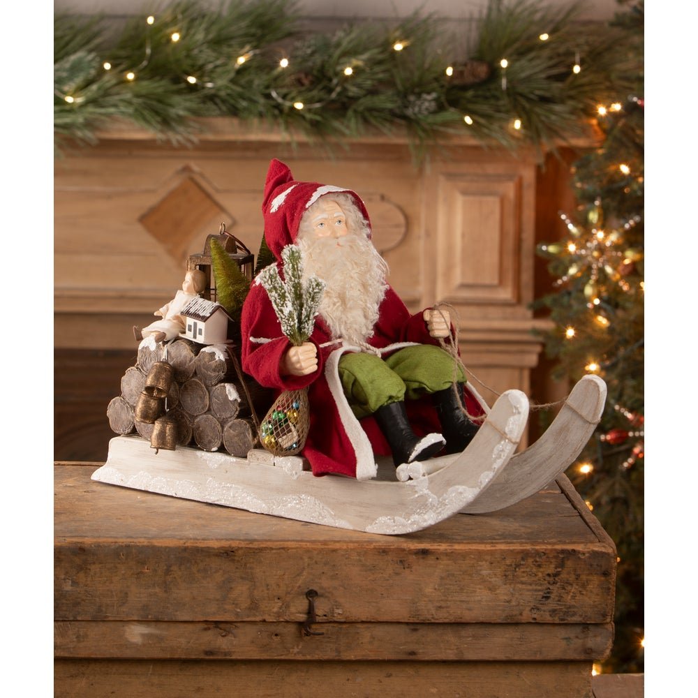 Bethany Lowe Christmas Santa on Log Sled TD4181 - The Primitive Pineapple Collection