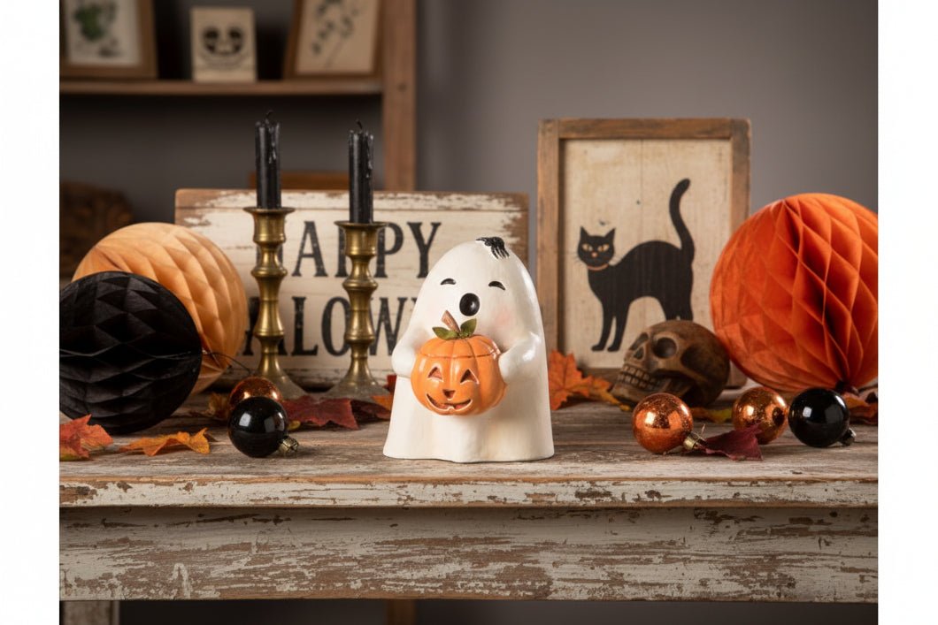 Bethany Lowe Ghost Gilbert with Pumpkin Halloween Figure TL0245 - The Primitive Pineapple Collection
