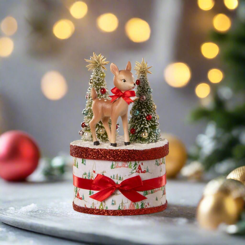 Bethany Lowe Christmas Retro Ruby Reindeer on Box TL4379 - The Primitive Pineapple Collection