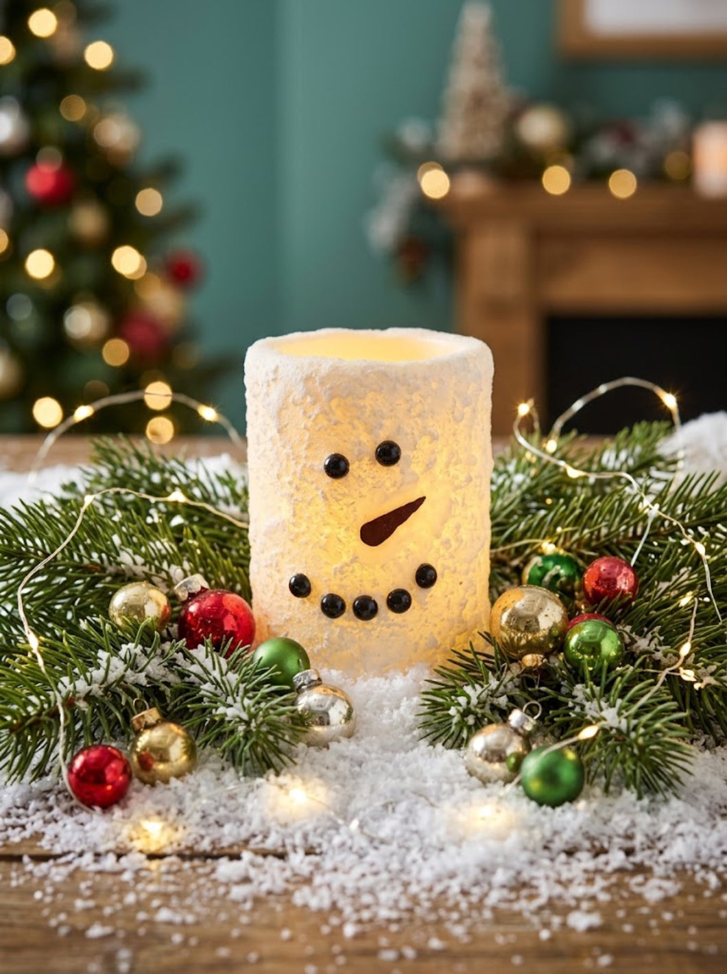 Christmas Short White Snowman LED Pillar with Timer Candle