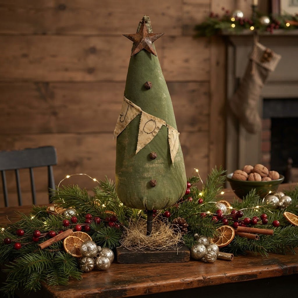 Primitive JOY Fabric Christmas Tree – 17" Handcrafted Folk Art - The Primitive Pineapple Collection