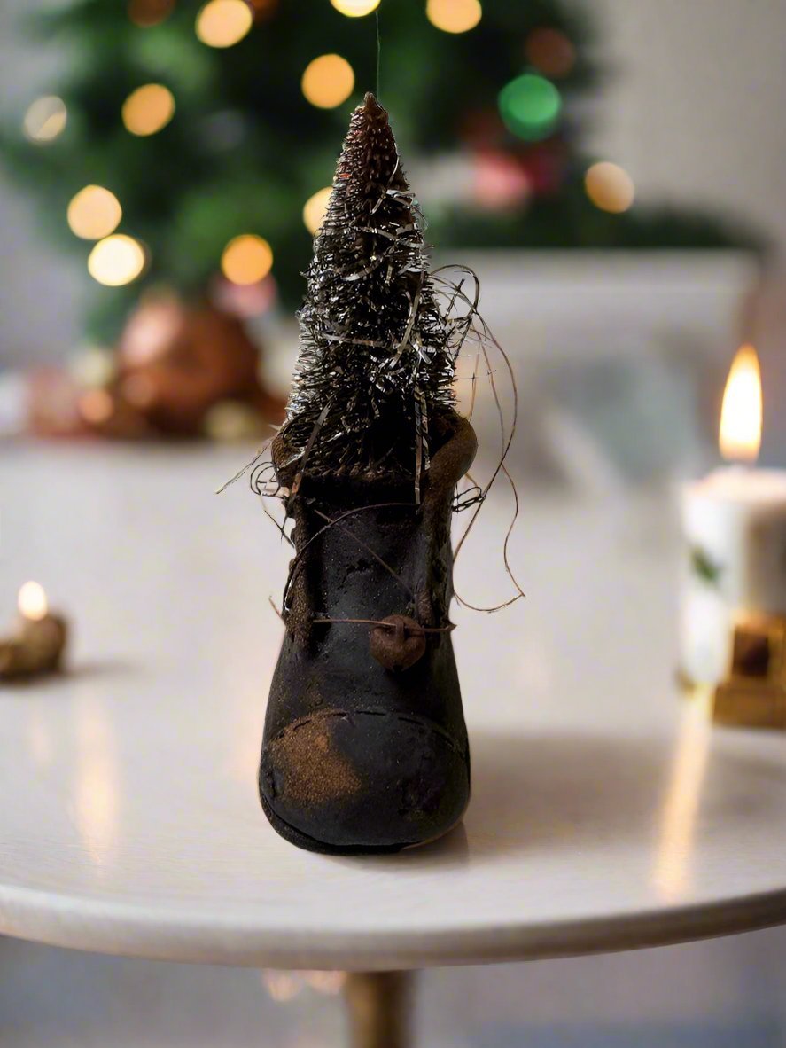 Primitive Handcrafted Christmas Blackened Beeswax Shoe w/ Bottle Brush Tree/Tinsel - The Primitive Pineapple Collection