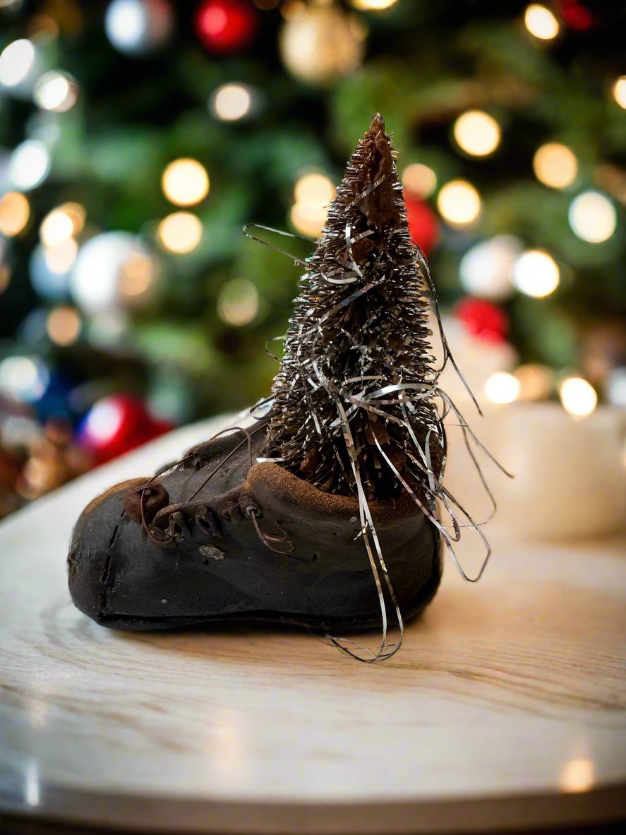 Primitive Handcrafted Christmas Blackened Beeswax Shoe w/ Bottle Brush Tree/Tinsel - The Primitive Pineapple Collection