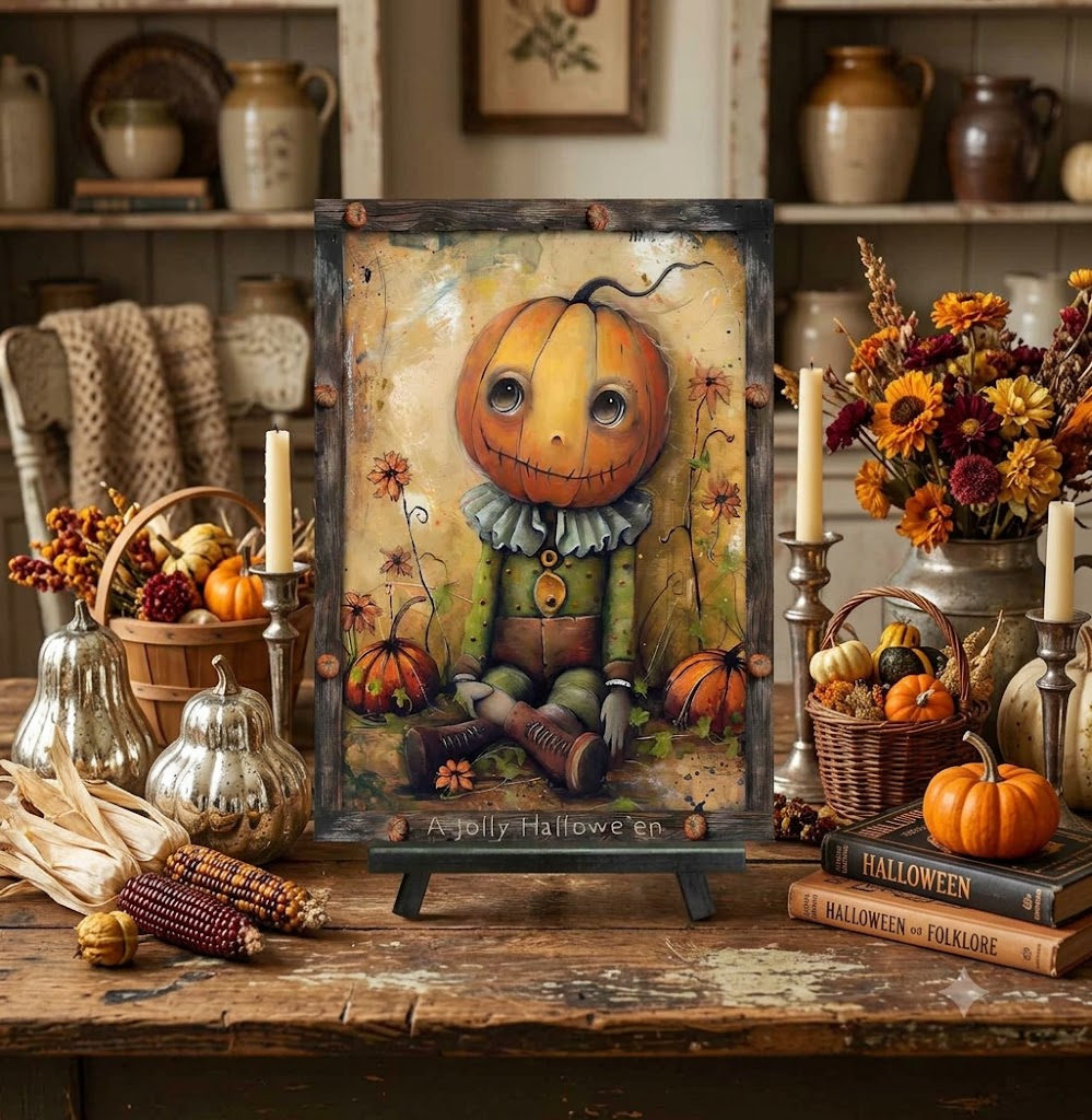 Primitive A Jolly Halloween Pumpkin Man 12x8 Metal Sign