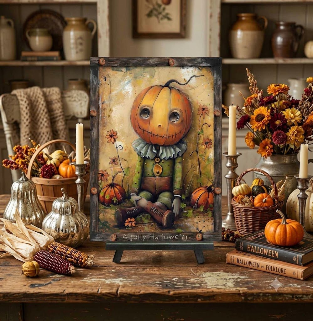 Primitive A Jolly Halloween Pumpkin Man 12x8 Metal Sign - The Primitive Pineapple Collection