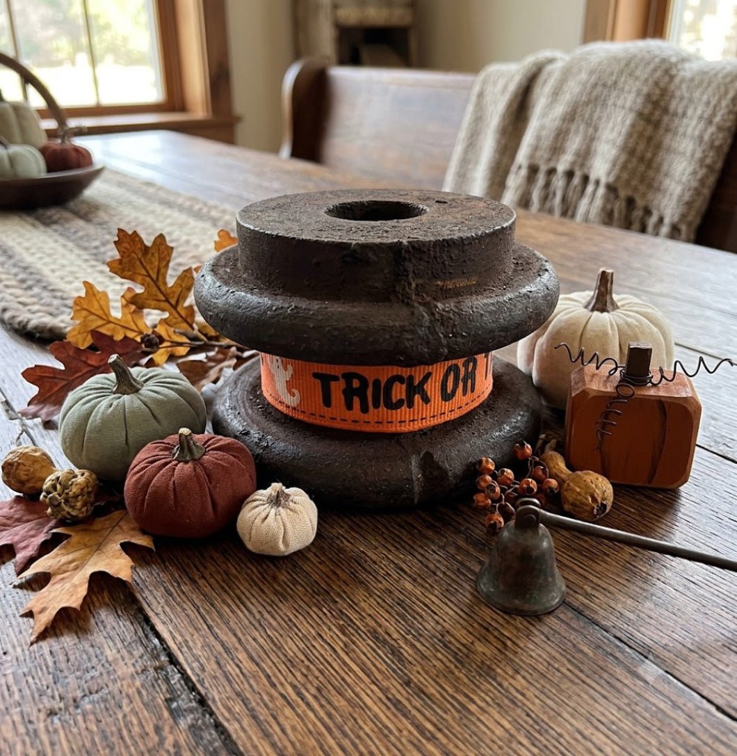 Primitive Flat Wood Spool w/ Halloween Ribbon - The Primitive Pineapple Collection