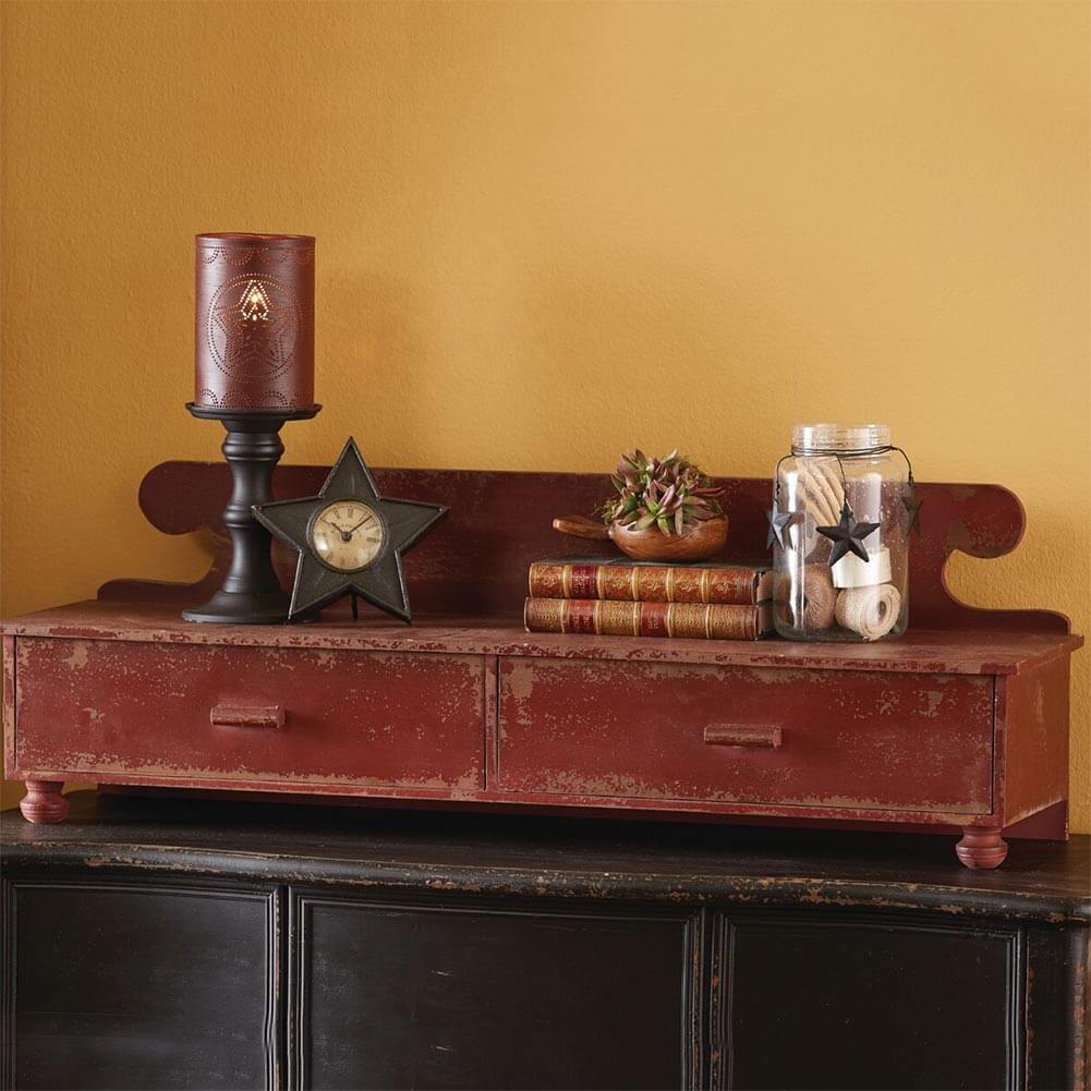 Primitive Aged Red Counter Shelf Vintage Look Farmhouse Rustic Drawers Footed - The Primitive Pineapple Collection