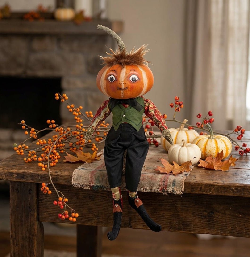 Joe Spencer Kermit Halloween Pumpkin Folk Art Doll 16" | Gathered Traditions - The Primitive Pineapple Collection