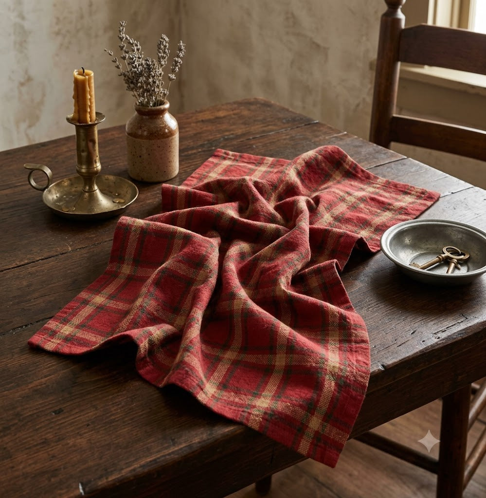Primitive Farmhouse Tea Towel – Red, Green & Tan Stripes | 15x25 Cotton