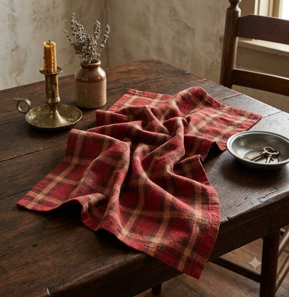Primitive Farmhouse Tea Towel – Red, Green & Tan Stripes | 15x25 Cotton - The Primitive Pineapple Collection