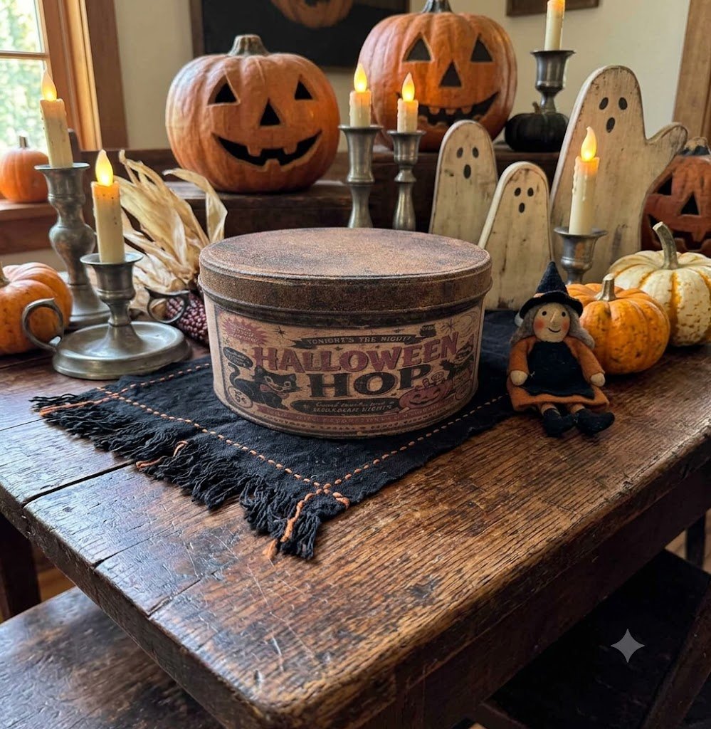 Primitive Handcrafted USA 7" Retro Halloween Hop Tin - The Primitive Pineapple Collection