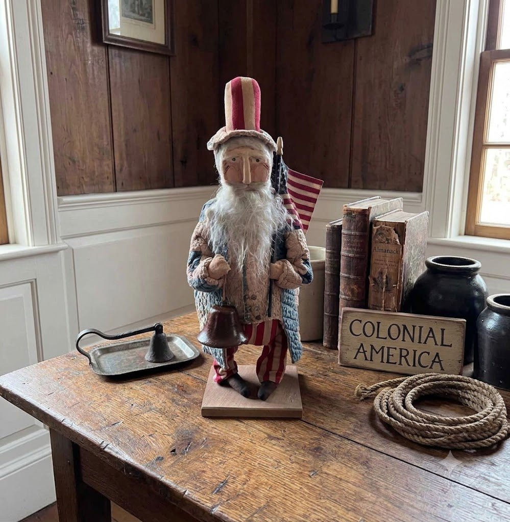 Handcrafted by Michelle Early American Quilted Chubby Uncle Sam Clay Face Doll Stand 22" - The Primitive Pineapple Collection
