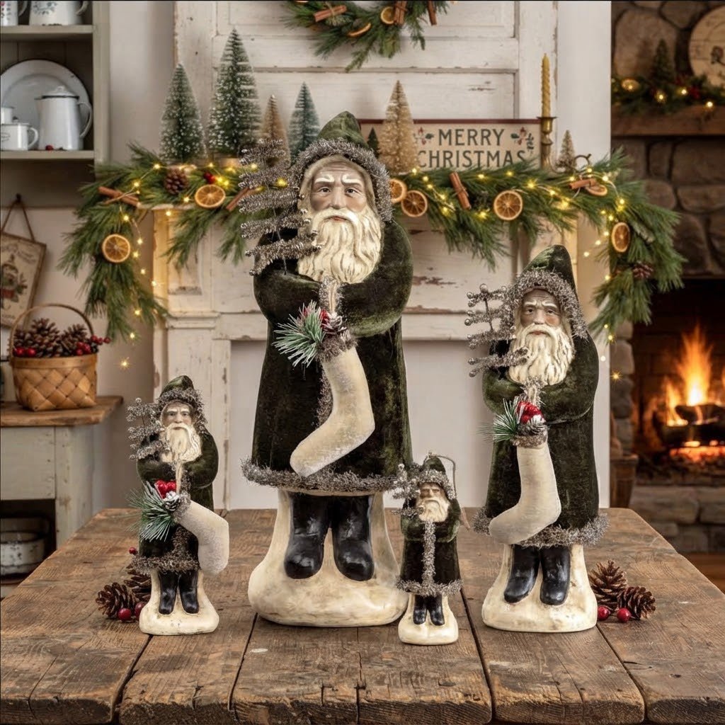Ragon House 8" Forest Green Velvet Belsnickle Santa with Tinsel Tree – Vintage Style Primitive Christmas Figurine - The Primitive Pineapple Collection